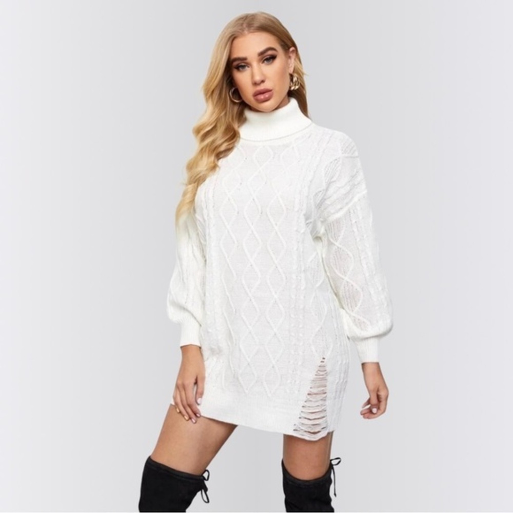 Rolled Neck Drop Shoulder Cable Knit Longline Sweater